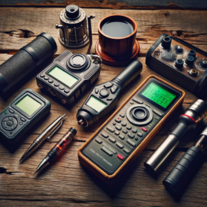 A variety of ghost hunting tools including an EMF meter, digital voice recorder, and infrared thermometer laid out on a wooden table.