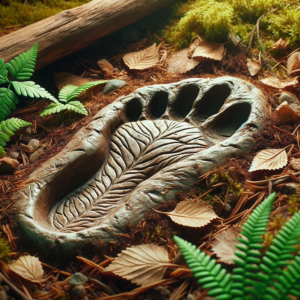 A detailed plaster cast of a large footprint, believed to belong to the elusive creature known as Bigfoot, displayed on a forest floor.